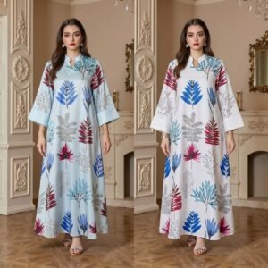 tropical leaf print jalabiya mandarin collar
